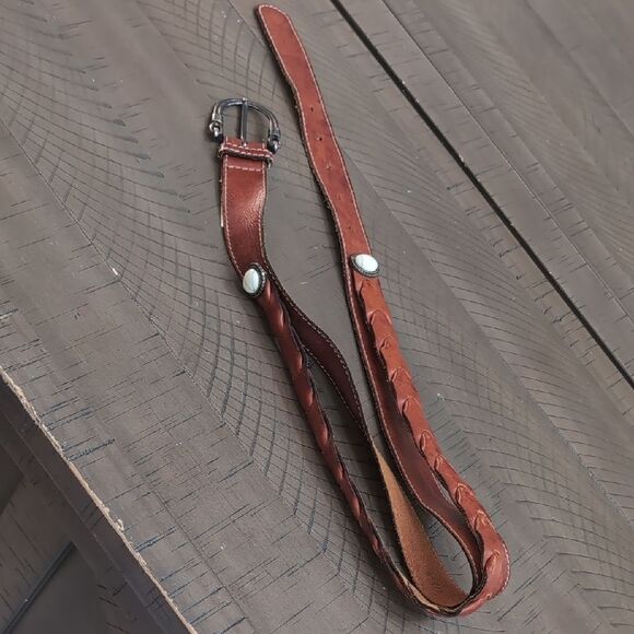 Vintage Leonardo Made In Italy Brown Woven Leather Belt  With Stone Detailing - Picture 3 of 12